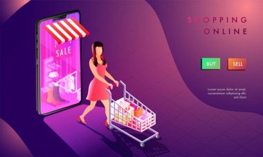 3d illustration of woman shop online, smartphone with online sho