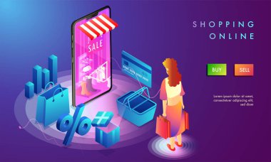 Online Shopping landing page design, woman shop online, 3d illus