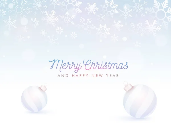 Feliz Navidad y Feliz Año Nuevo texto y adornos en blanco sno — Archivo Imágenes Vectoriales