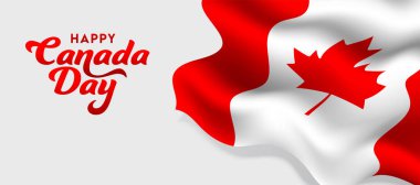 Happy Canada Day Font with Glossy Canadian Wavy Flag on White Background. clipart