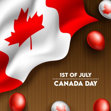 1 Temmuz, Kanada Günü Parlak Dalgalı Ulusal Bayrak ve Balonlar Kahverengi Ahşap Arkaplan Dekorasyonu.