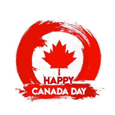 Happy Canada Day Text with Maple Leaf and Red Brush Stroke Effect on White Background. clipart