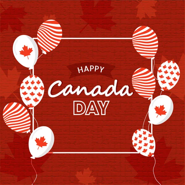 红砖墙背景上装饰有国旗色彩气球的快乐加拿大日字体 — 图库矢量图片