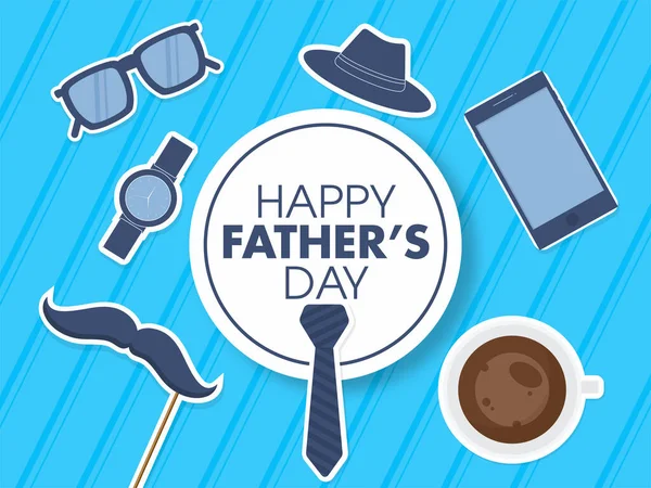 Glückliches Vatertagsabzeichen Mit Sticker Krawatte Smartphone Fedora Hut Brille Armbanduhr — Stockvektor