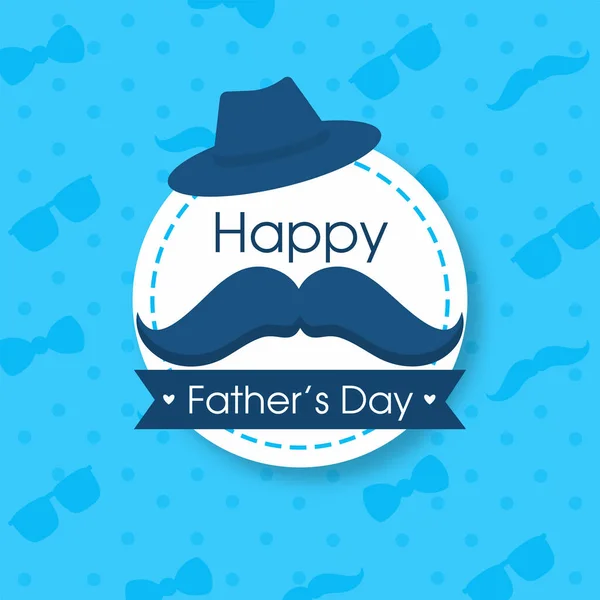 Happy Father Day Badge Mustache Fedora Hat Blue Dots Background — стоковый вектор