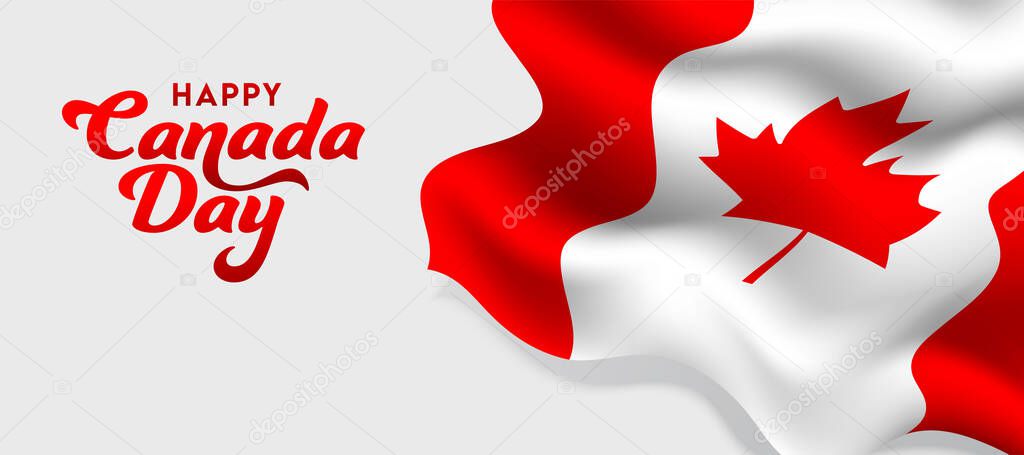 Happy Canada Day Font with Glossy Canadian Wavy Flag on White Background.