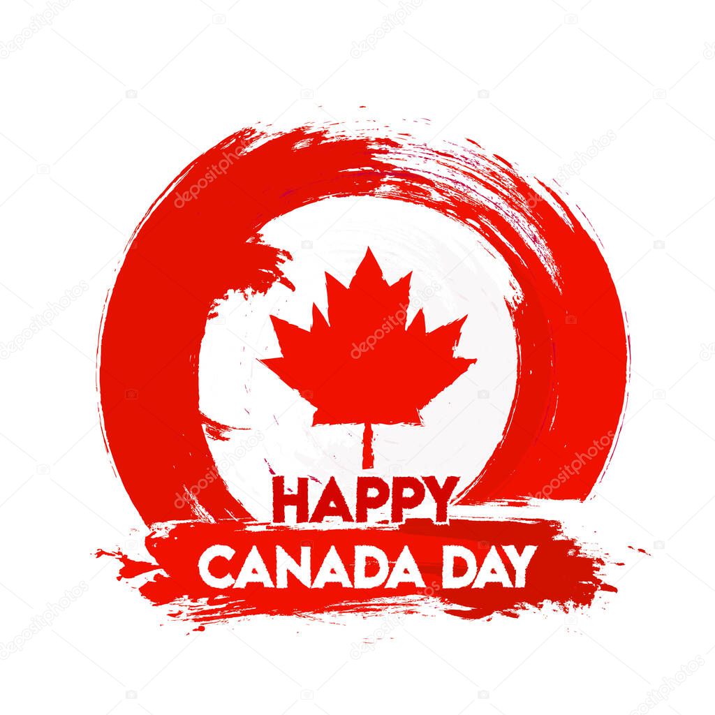 Happy Canada Day Text with Maple Leaf and Red Brush Stroke Effect on White Background.