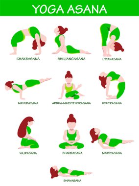 Farklı Yoga Asana pozundaki Yüzsüz Genç Kadın Çizgi Film Karakteri.