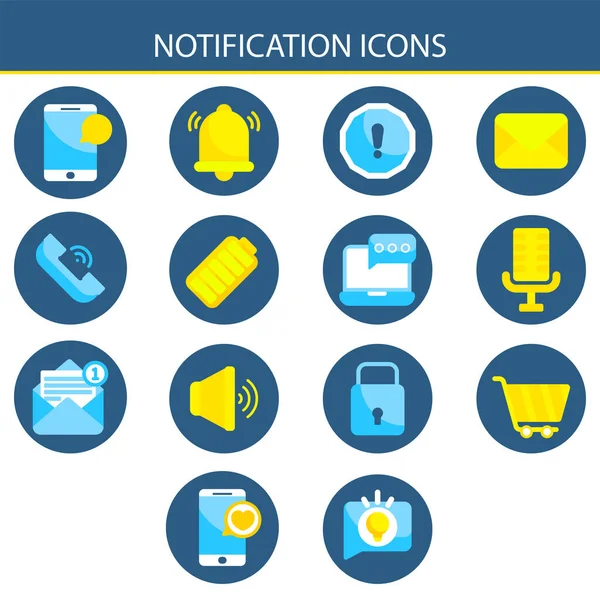 Icono Notificación Estilo Plano Azul Amarillo Sobre Fondo Redondo — Vector de stock