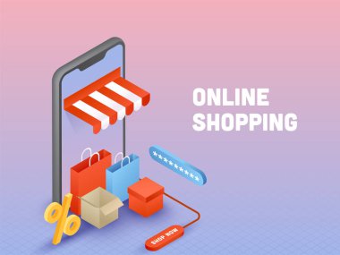 Online Alışveriş: Carry Bags, Star Rating, Yüzdelik Sembol ve Gradyan Arkaplan Kutularıyla Gerçekçi Akıllı Telefon.