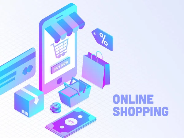 App Shopping Online Smartphone Con Percentuale Tag Borsa Trasporto Cestino — Vettoriale Stock