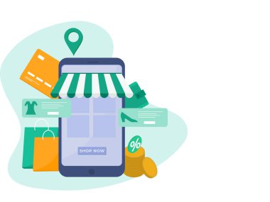Konum Pin, Cüzdan, Ödeme Kartı, Reklam Konsepti Taşıma Torbası ve Bozukluklarıyla Smartphone 'da Online Alışveriş Uygulaması.