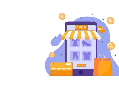 Smartphone 'da Online Alışveriş Uygulaması Soyut Arkaplan Etiketi, Taşıma Torbası ve Ödeme Kartıyla.