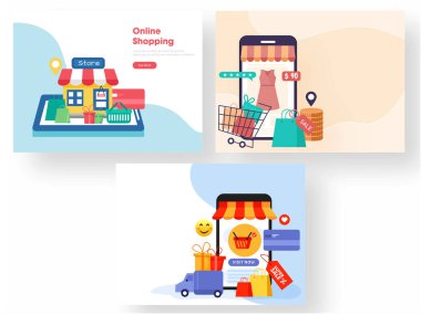 Smartphone 'dan Satış Etiketi, Taşıma Torbası, Hediye Kutuları, Ödeme Kartı, Teslimat Kamyonu ve Üç Seçenek Aracı ile Çevrimiçi Alışveriş.