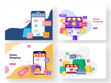 Smartphone ve Masaüstünde Online Alışveriş Uygulaması, Çantalar, Ödeme Kartı, Soyut Arkaplanda Satış Etiketli Hediye Kutuları.