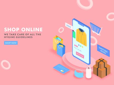 3D Smartphone 'dan Online Alışveriş: Carry Bags, Dezenfekte Kutuları, Pembe Arkaplanda Güvenlik Maskesi ve Ödeme Kartı.