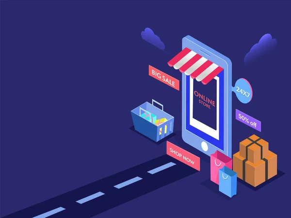 Tienda Online Smartphone Con Bolsas Transporte Paquetes Cesta Completa Cajas — Archivo Imágenes Vectoriales