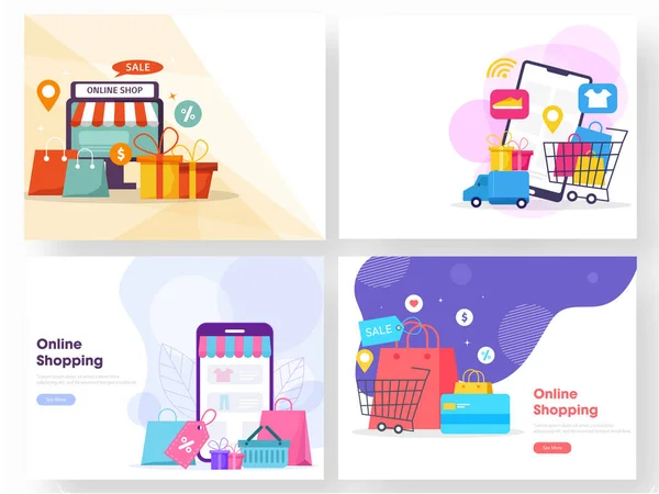 Conjunto Plantillas Web Basadas Conceptos Compras Línea Con Escritorio Teléfono — Archivo Imágenes Vectoriales