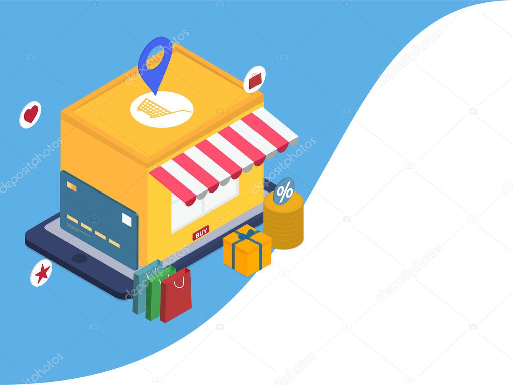 Isometric Illustration of Online Shop Location App in Smartphone with Payment Card, Percentage Label, Carry Bags and Gift Box on Abstract Background.