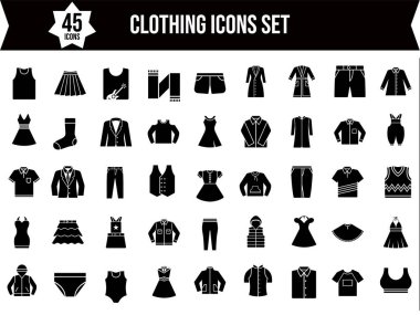 B&W Illustration of 45 Clothing Icon Set. clipart