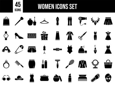 45 Kadın Aksesuar Simgesi Siyah ve Beyaz Renkli.