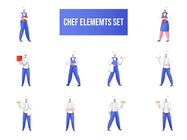 Sada Cartoon Character Chef Číšník Servírování Potravin Prezentační Nabídkou Card — Stockový vektor