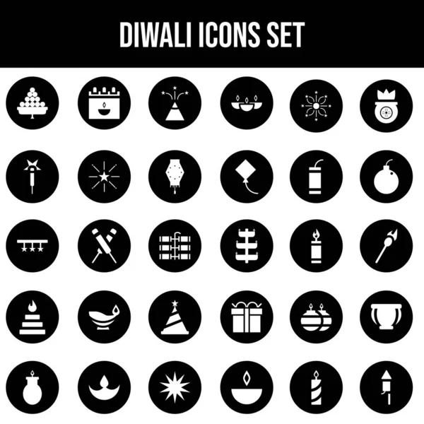 Glyph Diwali Icono Conjunto Sobre Fondo Redondo Negro — Archivo Imágenes Vectoriales