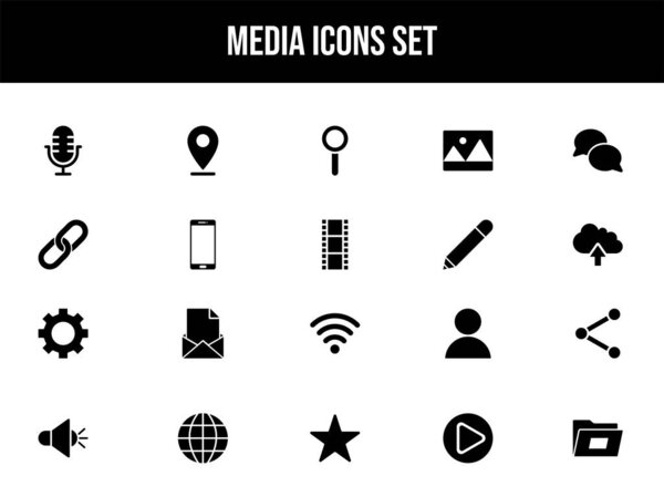 Media Icon Set in Black and White Color.