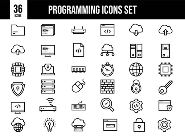 Conjunto Iconos Programación Contorno Negro Sobre Fondo Blanco — Vector de stock