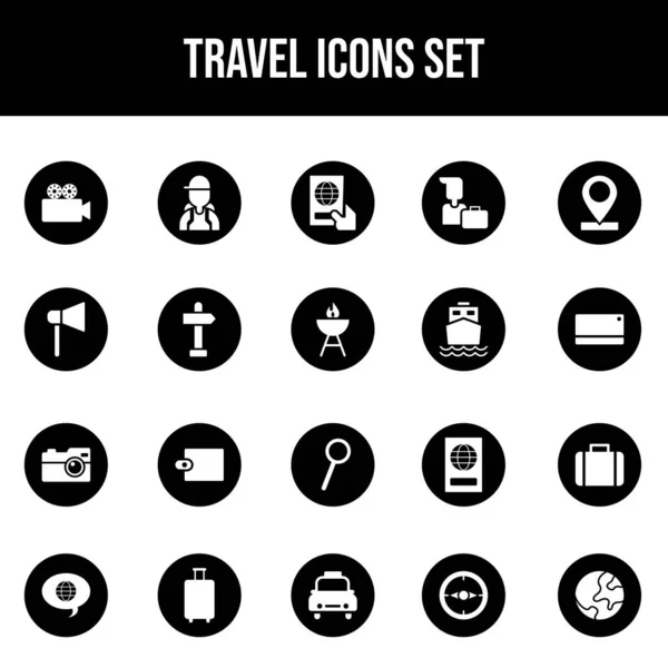 Glyph Travel Icon Set Sobre Fondo Círculo Negro — Vector de stock