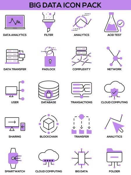 Paquete Iconos Big Data Púrpura Negra Sobre Fondo Blanco — Vector de stock