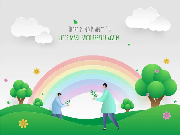 Cartoon Men Planting Paper Cut Nature Scene Rainbow Background Given — Vetor de Stock