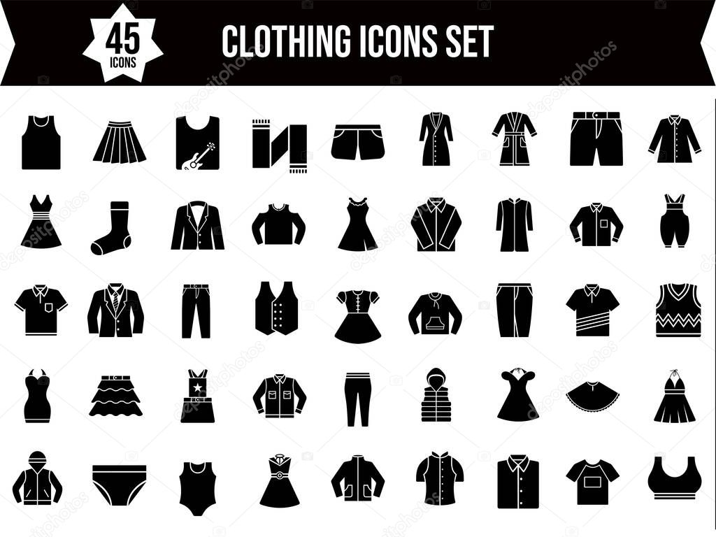 B&W Illustration of 45 Clothing Icon Set.