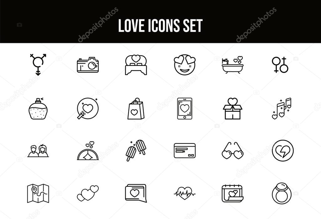 Flat style Love Icon Set in Black Line art.