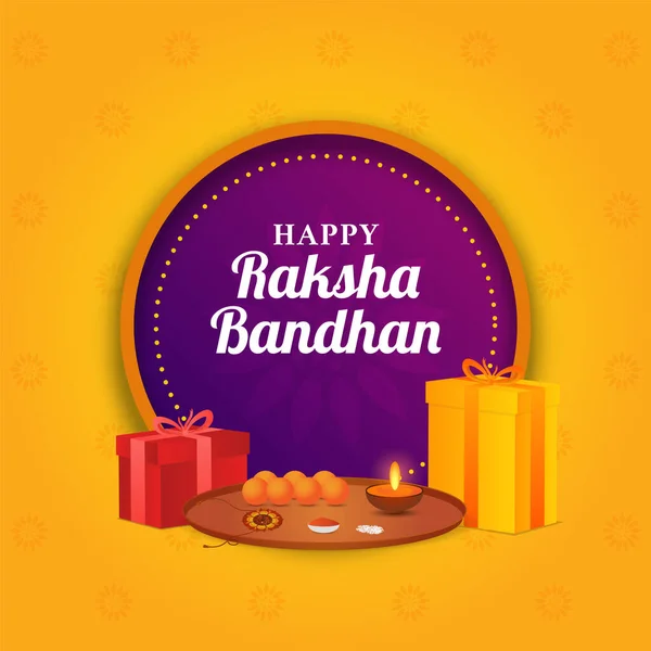 Happy Raksha Bandhan Font Marco Circular Púrpura Con Placa Adoración — Vector de stock