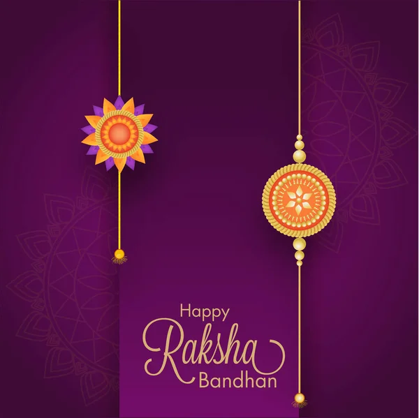紫色曼陀罗图案背景下的金乐乐乐乐乐乐乐乐乐乐乐乐乐乐乐乐乐乐乐乐乐乐乐乐 Golden Happy Raksha Bandhan Font Decorative Rakhis — 图库矢量图片