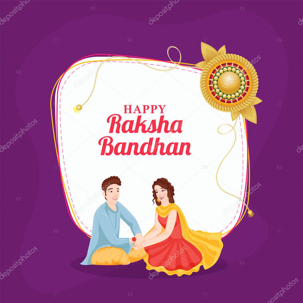 Happy Raksha Bandhan Font with Beautiful Young Girl Tying Rakhi on Her Brother Wrist.