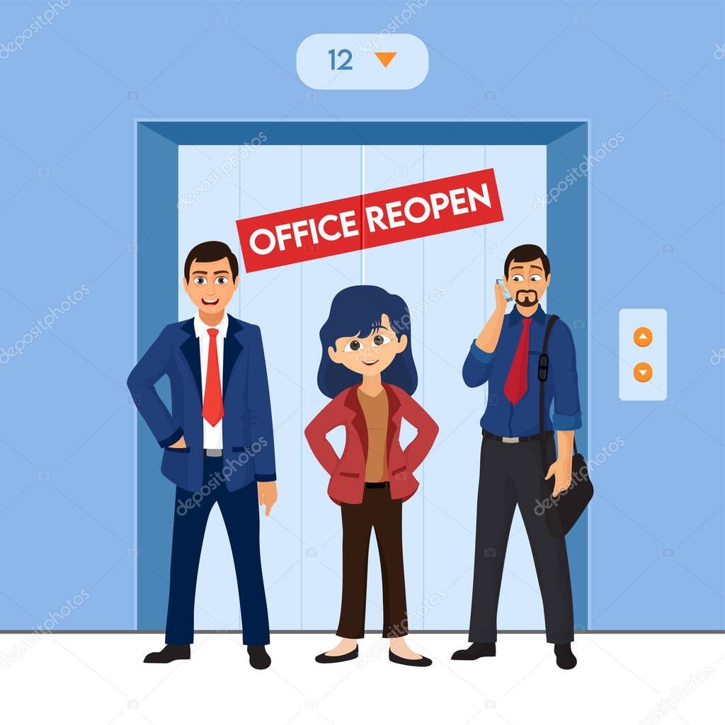 Office Reopen Text Sticker on Blue Elevator with Cheerful Employees Character.