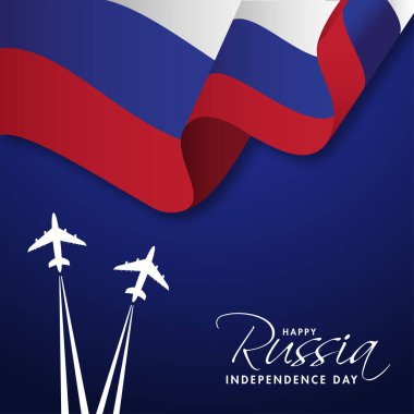 Mutlu Rusya Bağımsızlık Günü Dalgalı Rus Bayrağı ve Mavi Arkaplanda Uçan Uçaklar Konsepti.