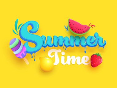 Yaz mevsimi Gerçekçi Karpuz Dilimi, Limon, Çilek ve Sarı Arkaplanda Dondurma Yazı Tipi.