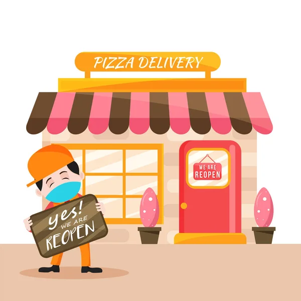 Cartoon Boy Drží Tabuli Ano Jsme Znovuotevření Pizza Dodání Shop — Stockový vektor