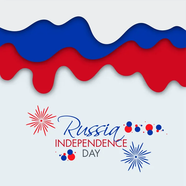 俄罗斯独立日字体与烟花在俄罗斯三色纸裁剪波纹背景上的应用 — 图库矢量图片