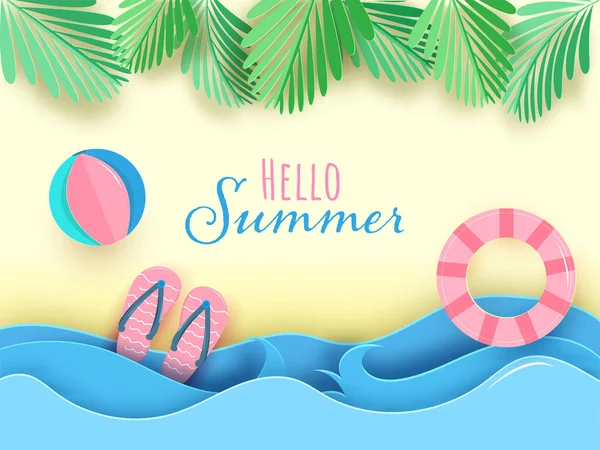 Hello Summer Font Paper Cut Swimming Ring Beach Ball Slippers — Stock Vector