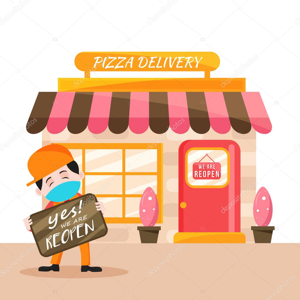 Cartoon Boy holding a Board of Yes! We Are Reopen with Pizza Delivery Shop Illustration.