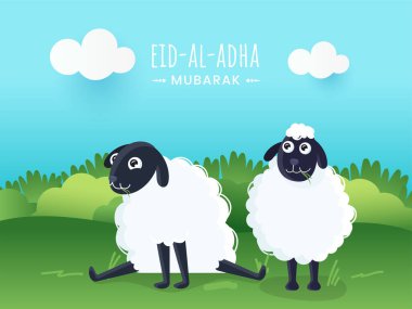 Eid-Al-Adha Mubarak Concept with Two Cartoon Sheep on Green Nature and Sky Blue Background.