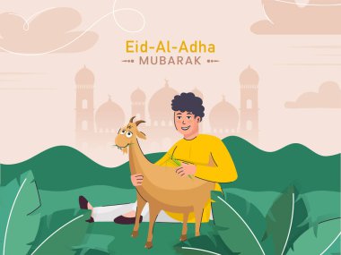 Illustration of Cartoon Muslim Young Boy holding a Goat on Green Nature and Light Peach Mosque Background for Eid-Al-Adha Mubarak Concept. clipart