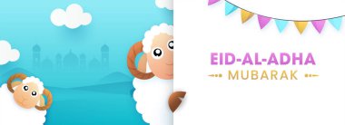 Eid-Al-Adha Mubarak Text with Two Cartoon Funny Sheep and Bunting Flags on White Paper and Sky Blue Silhouette Mosque Background.