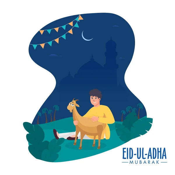 Eid Adha Mubarak Poster Design Happiness Muslim Boy Holding Goat — Stockvector