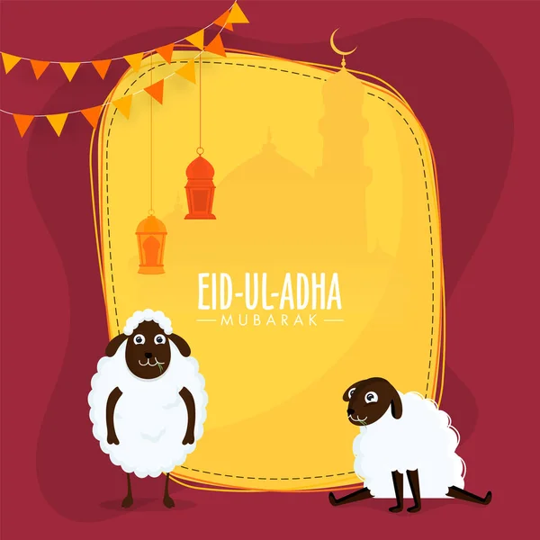 Eid Adha Mubarak Text Two Cartoon Sheep Hanging Lanterns Yellow — Stock Vector