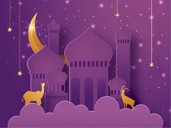 Ilustración Corte Papel Mezquita Con Camello Cabra Luna Creciente Dorada — Vector de stock